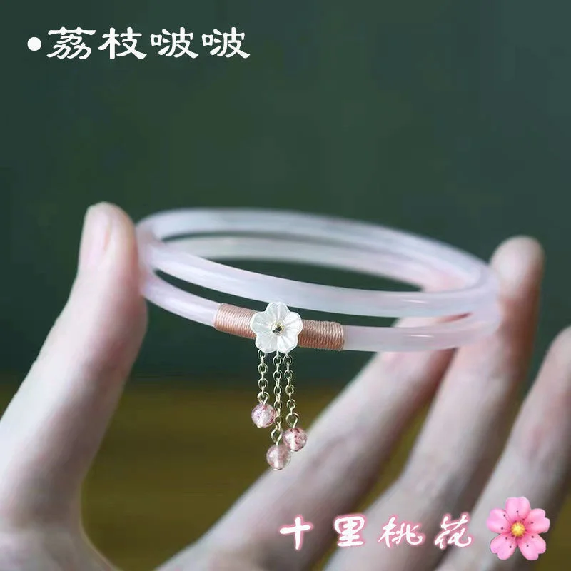 2Pcs/Set Imitate Natural Jade Jingle Peach Blossom Jelly Strips Bangles Retro Simple Girl Antique Glass Women\'s Jewelry Gifts