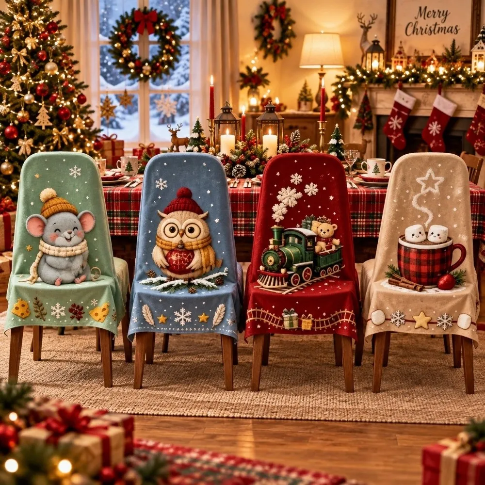 4 pcs Snowman Christmas Chair Cover Dustproof 2D Print Chair Protective Sleeves Dwarf Christmas Ornaments New Year Party Decor