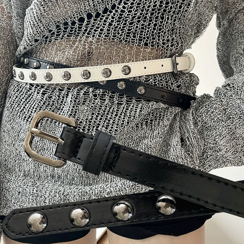 

Женские черные кожаные ремни, повседневные винтажные стильные тонкие ремни с заклепками в стиле панк, металлический рок, уникальные универсальные аксессуары для одежды