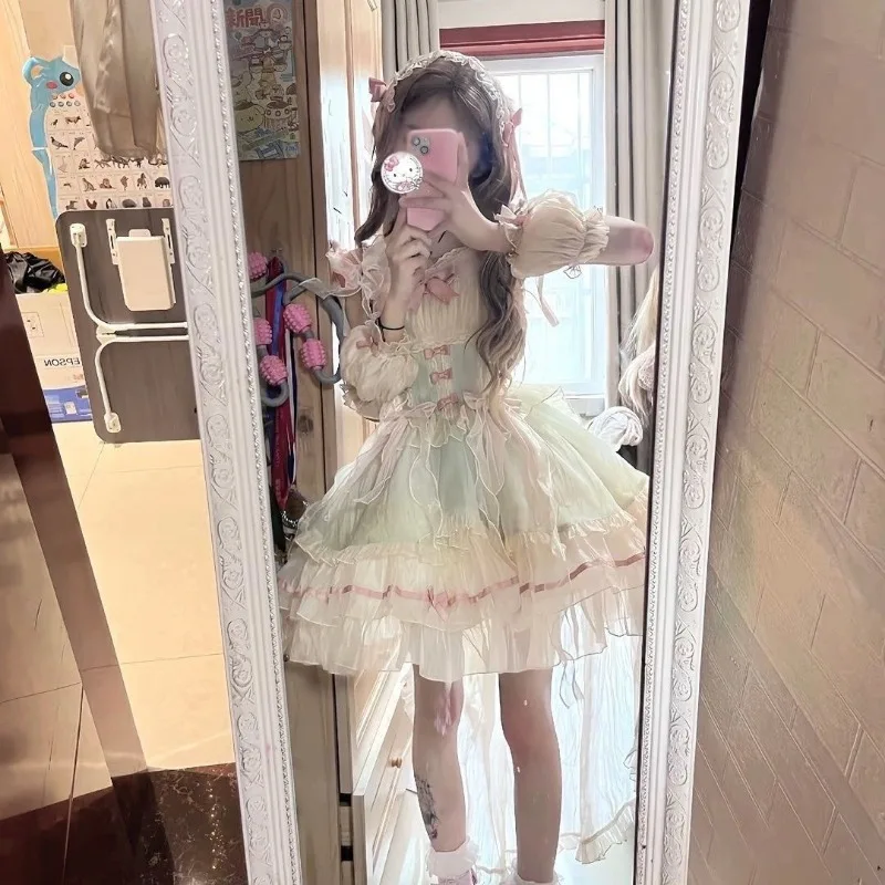 2026 New Japanese Kawaii Lolita Dress Women's Sweet Puff Sleeves Lace Ruffles Bow Trailing Y2k Birthday Party Princess Dresses