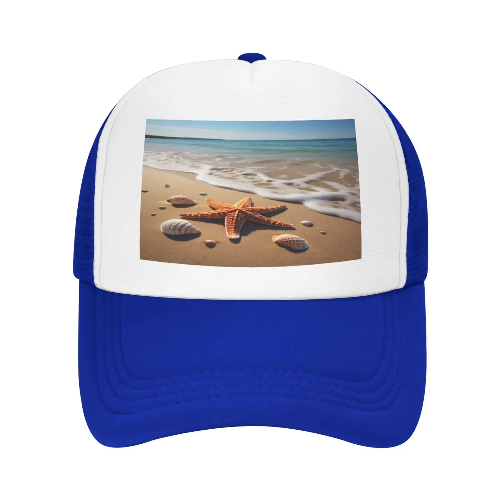 Starfish Seashell Sandy Beach Printed Mesh Baseball Cap Breathable Sun Protection Hat Adjustable Outdoor Sport Hat For Men Women