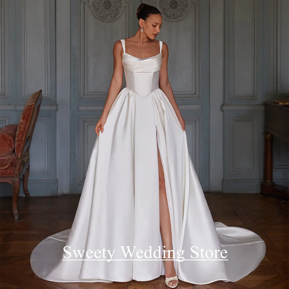 

Woman Wedding Dress Customized Sexy Scoop Neck Sleeveless Beading Open Back Sweep Train Vestido De Noiva Bridal Gown