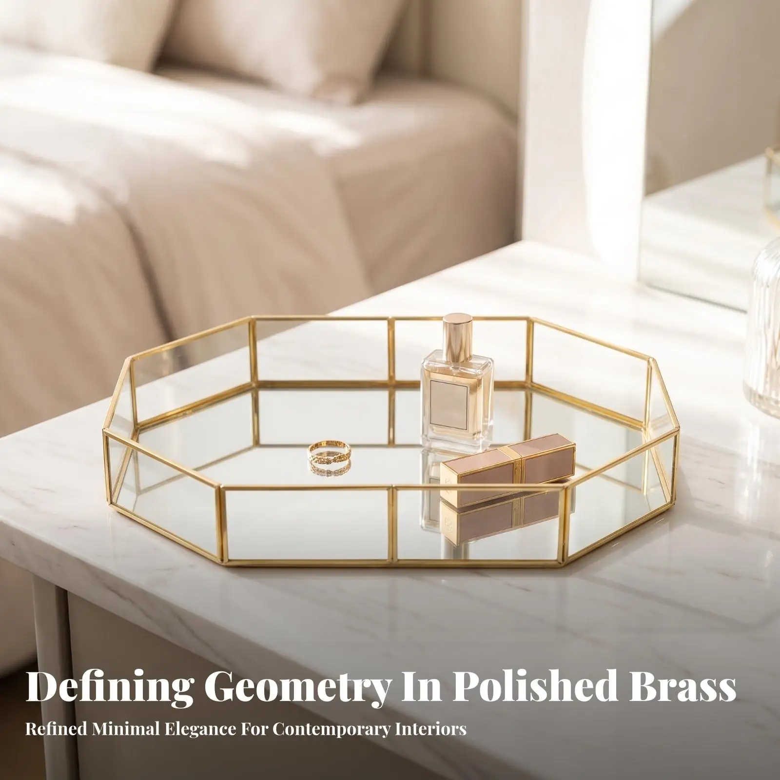 Open Top Vanity Organizer Tray with Gold Frame for Perfume Jewelry Cosmetics Storage Desk Decor