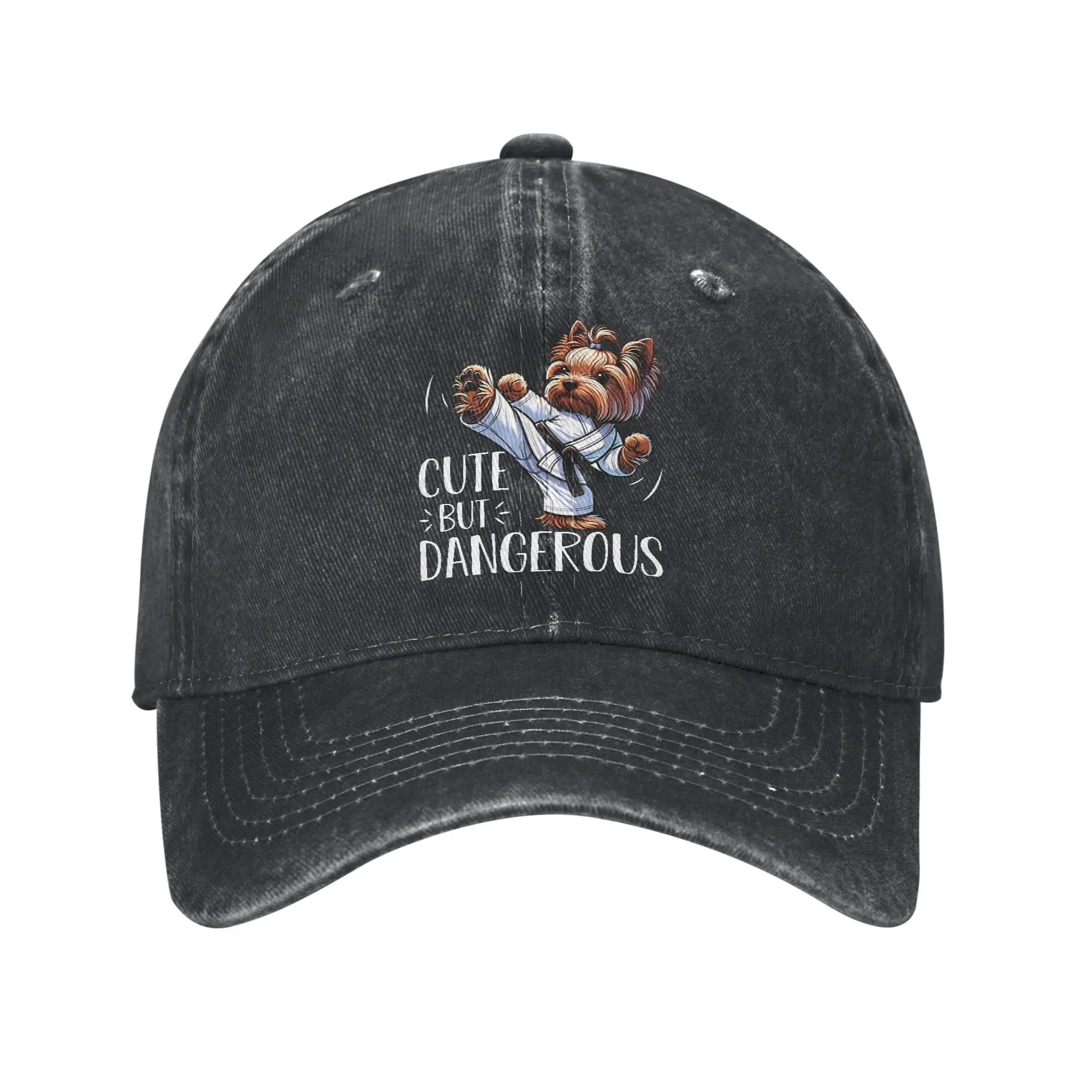 Yorkshire Terrier Cute But Dangerous Baseball Cap Vintage Distressed Denim Washed  Sun Cap Unisex  Running Golf  Soft Caps Hat