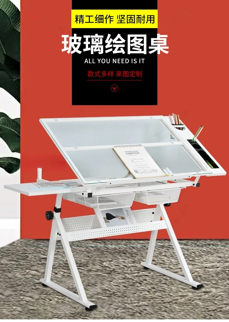 

[Glass Drawing Table] White American Bevel Table Can Lift Children's Art Drawing Work Table