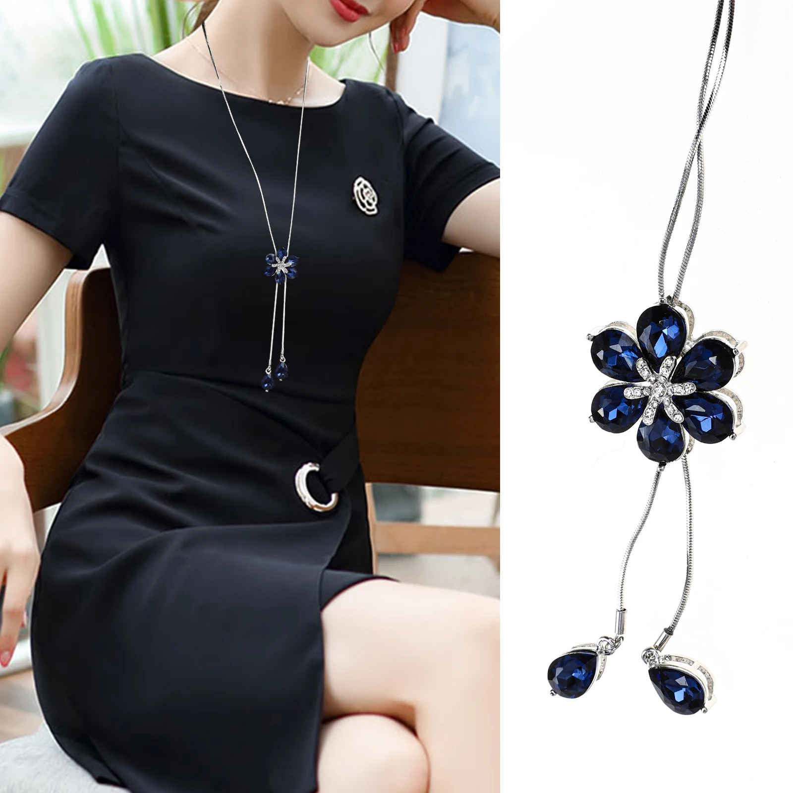

1Pcs Crystal Pendant Flower Necklace Sweater Chain Pendant Accessories Clothing Necklace Jewelry for Women Perfect Gift