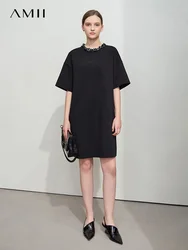 Amii Minimalist T shirt Dress For Women 2025 Autumn New Elegant Fashion O Neck Short Sleeve Mid Length Knitted Dress 12511001