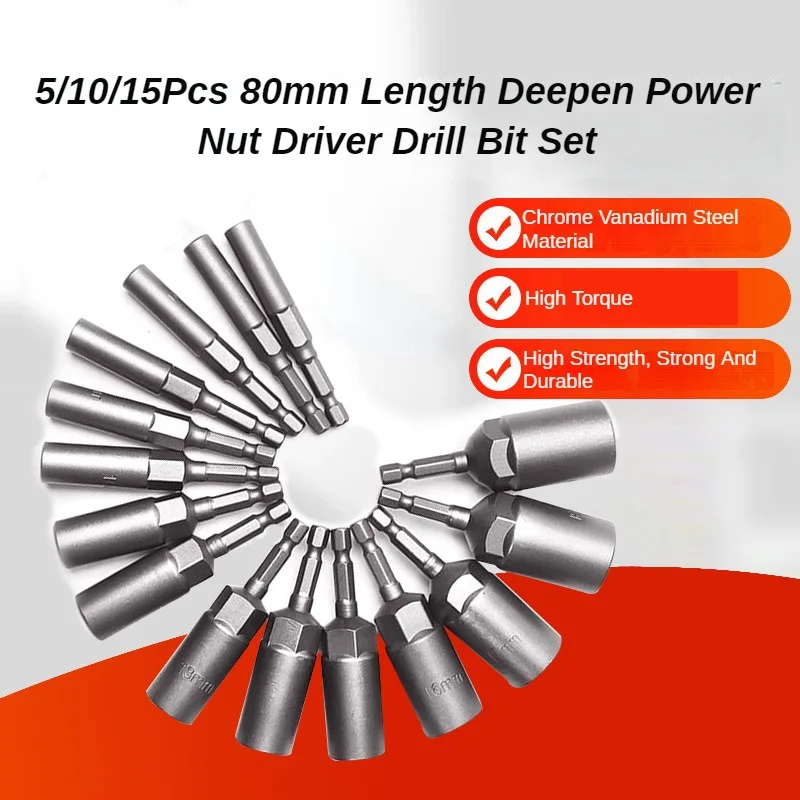 Lixiu 5/10/15Pcs 80mm Deepen Power Nut Driver Drill Bit Set 5.5-19MM Impact Socket Adapter for Power Tools 6.35MM Hex Shank