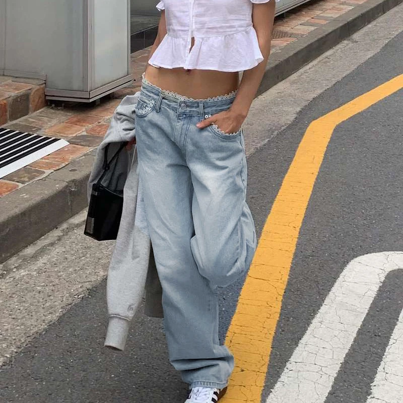 Darlingaga Korean Fashion Straight Leg Women Jeans Outfits Low Waisted Lace Patchwork Sweet Girls Denim Trousers Pants Harajuku