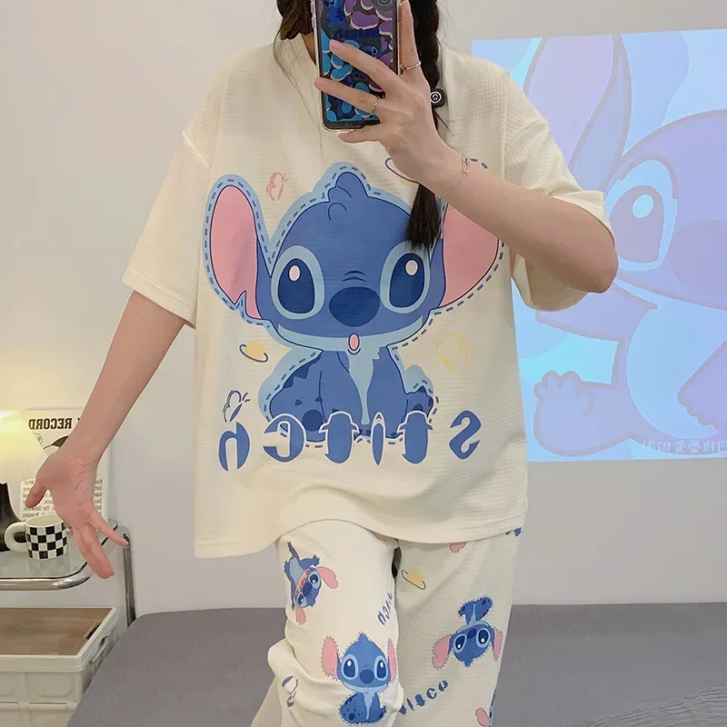 Disney Stitch silk pajamas women's summer casual home short-sleeved trousers three-piece loungewear women's pajamas set