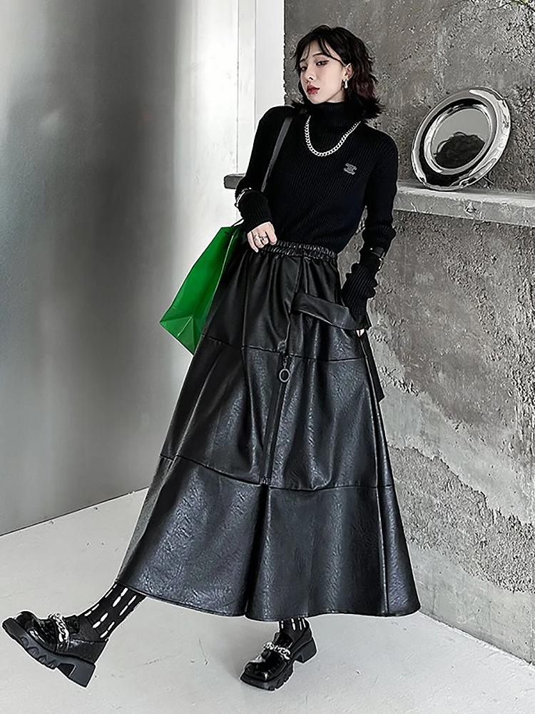 

Юбка А-силуэта из искусственной кожи с высокой талией, свободного кроя, темного цвета, новая весенняя коллекция, модная повседневная юбка средней длины для женщин