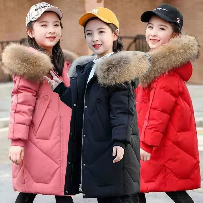 Winter Keep Warm Girls Jacket 3-14 Years Old Long Style Big Fur Collar Detachable Hat Hooded Heavy Coat For Kids