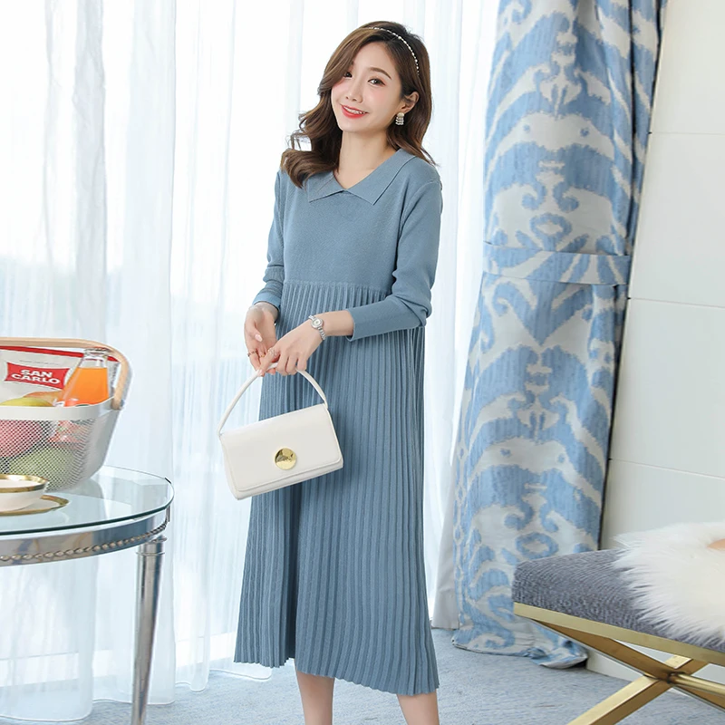 Autumn Winter Thick Warm Knitted Maternity Long Dress Sweet Clothes for Pregnant Women Winter Pleated Pregnancy Sweaters