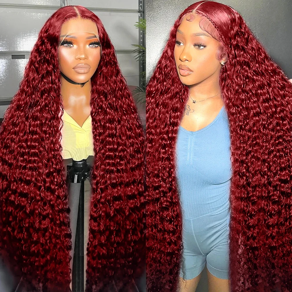 99J Deep Wave Lace Front Human Hair Wig Curly Burgundy Transparent Red Wine Color 7X5 Glueless HD Lace Frontal Wig For Women