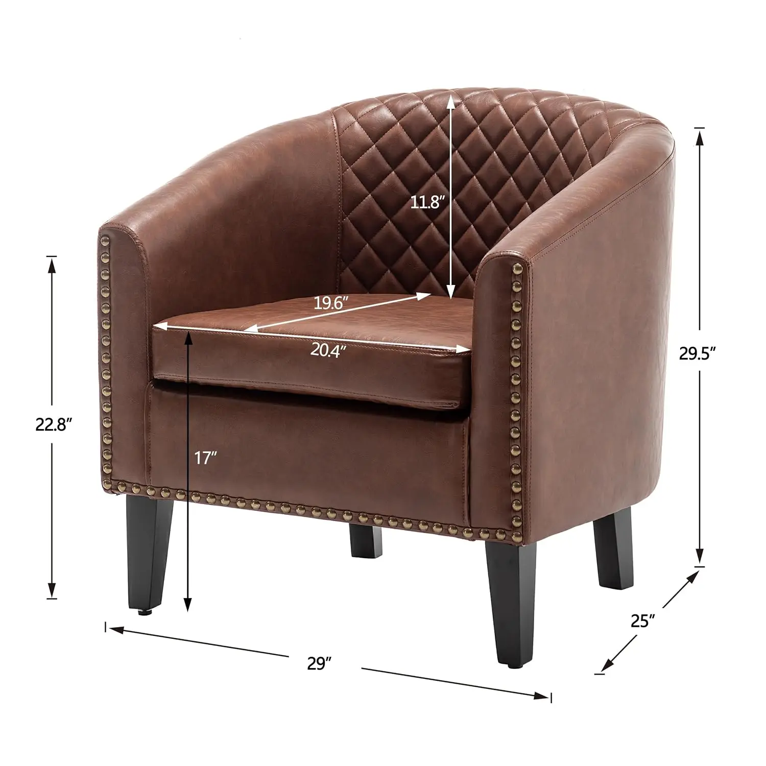 Modern Faux Leather Barrel Chair, Tufted Accent Armchair with Nailhead Trim, Small Chair for Living Room Bedroom Apartment, Brow
