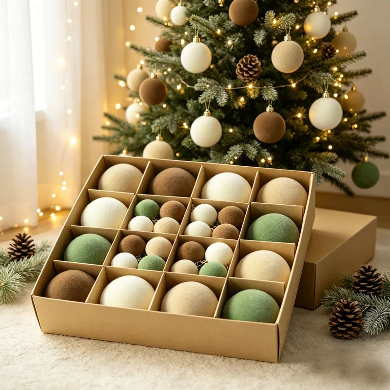9/12/32/49pcs 3/6/8cm Flocking Christmas Ball Ornaments Plush Christmas Tree Party Decoration Bronze Christmas Spheres Pendant
