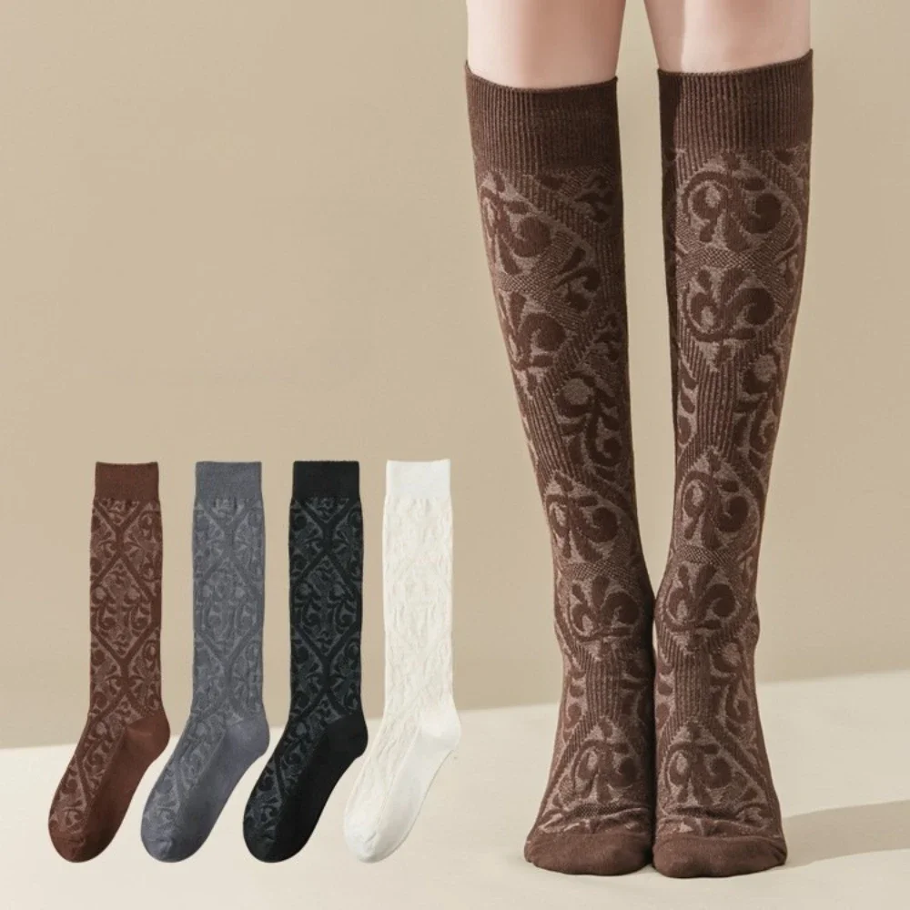 Vintage Women Stockings Embossment Jacquard Retro Calf Socks Stockings Women Japanese Fashion Knitted Cotton Knee Socks Stocking