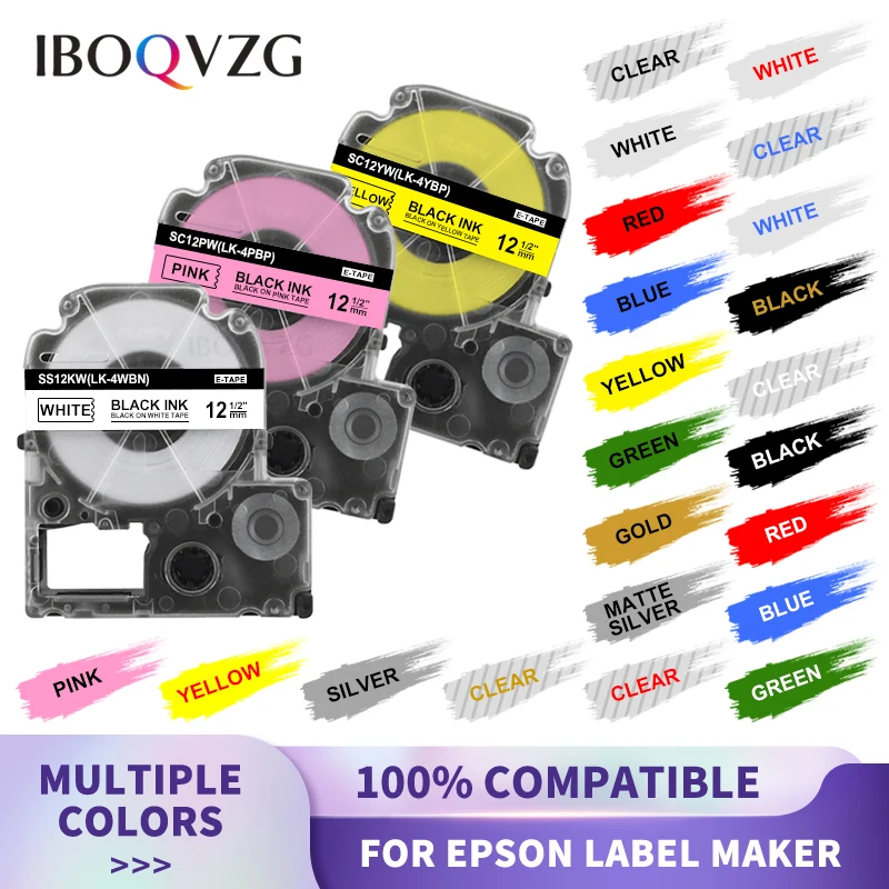 IBOQVZG 22 Farben Kompatibel für Epson König Jim SS12KW LC-4WBN SC12YW SC12RW SC12BW 12mm Label Kassette für Epson LW-300 LW-400