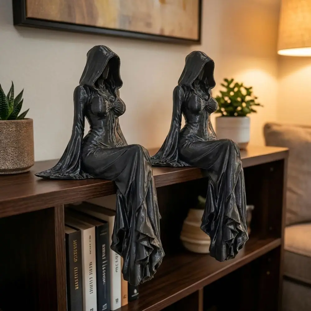 3D Printed Black Robe Figurine Handmade Gothic Style Sitting Pose Lady Sculpture Integrated Mysterious Female Tabletop Ornament