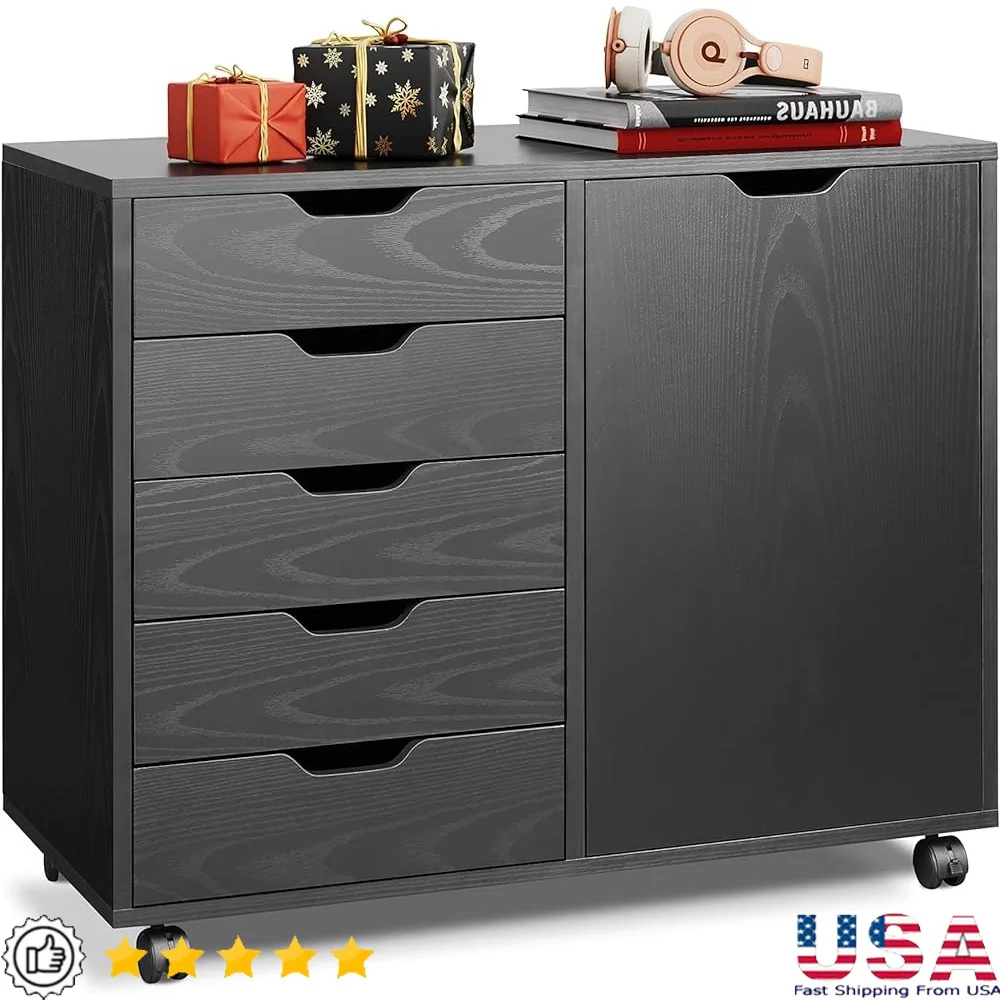 

5 Drawer Wood Dresser Chest Mobile Storage Cabinet Printer Stand Home Office Furniture Rolling Caster Scratch Resistant