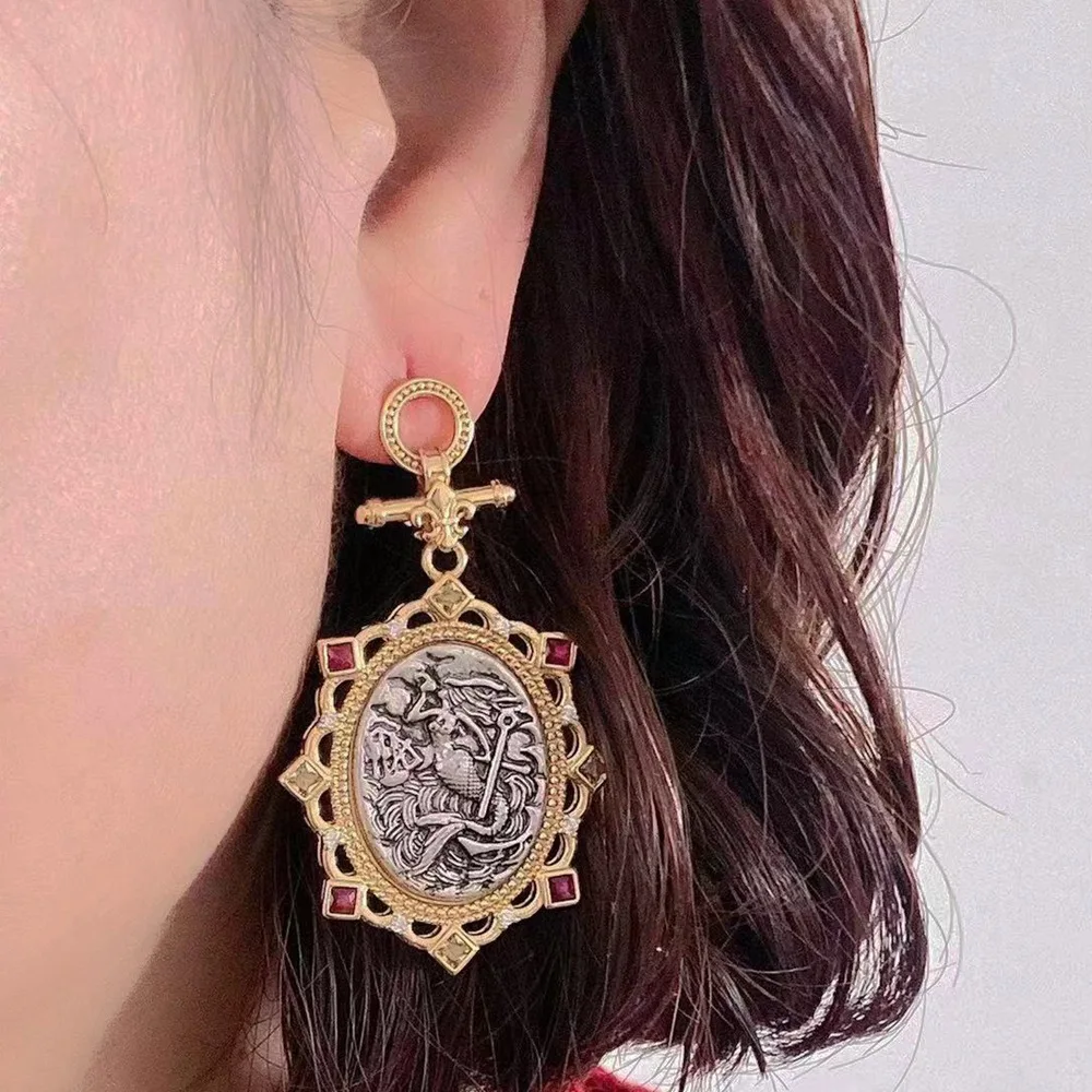 Two Tone Gold Silver Plated Vintage Coin Drop Earrings Italian Craft Mermaid Relief Multi Color Zircon Lux Women Dangle Jewelry