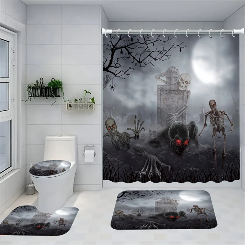 

4PCs horror skull print creative shower curtain set, decorative bathroom set including waterproof shower curtain, non-slip flo