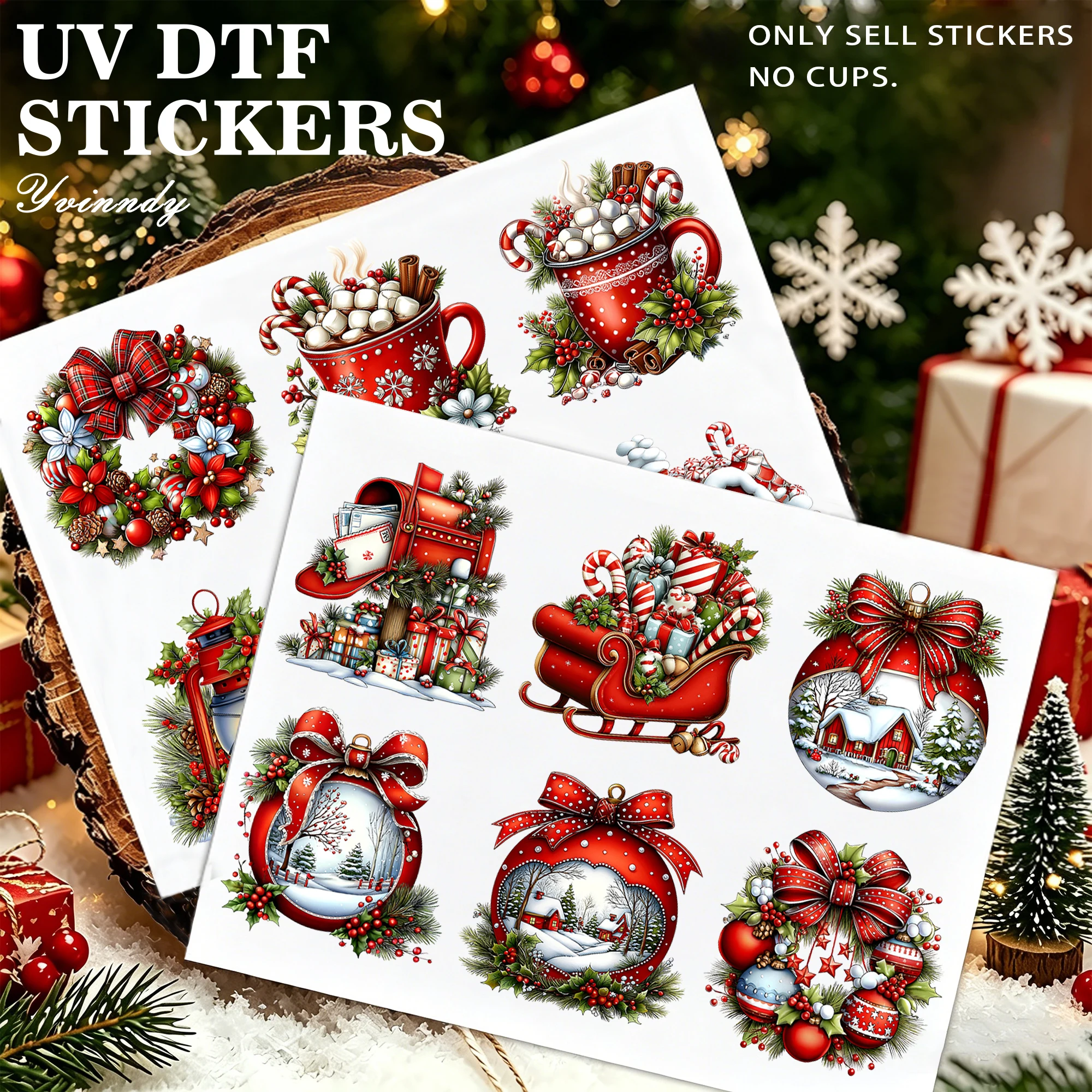 12PCS/SET Retro red and green Christmas decorations DIY UV transfer stickers - suitable for DIY crafts mugs laptops