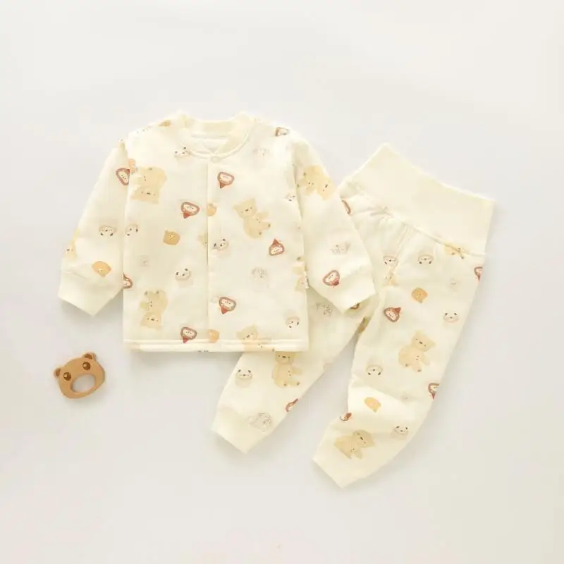 

Одежда для новорожденных мальчиков и девочек, пижамы с высокой талией, комплект с защитой живота, осень-зима, утепленная теплая одежда из чистого хлопка, одежда для малышей