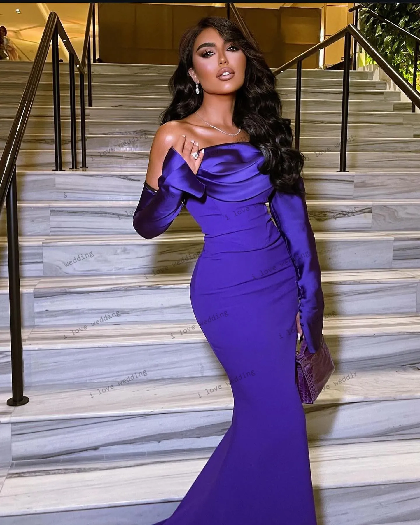 Sukienka na studniówkę 2025 Bluish Violet Sukienka ślubna Boat Neck Satin Off The Shoulder Long Sleeve Mermaid Elegant Ruched Customized