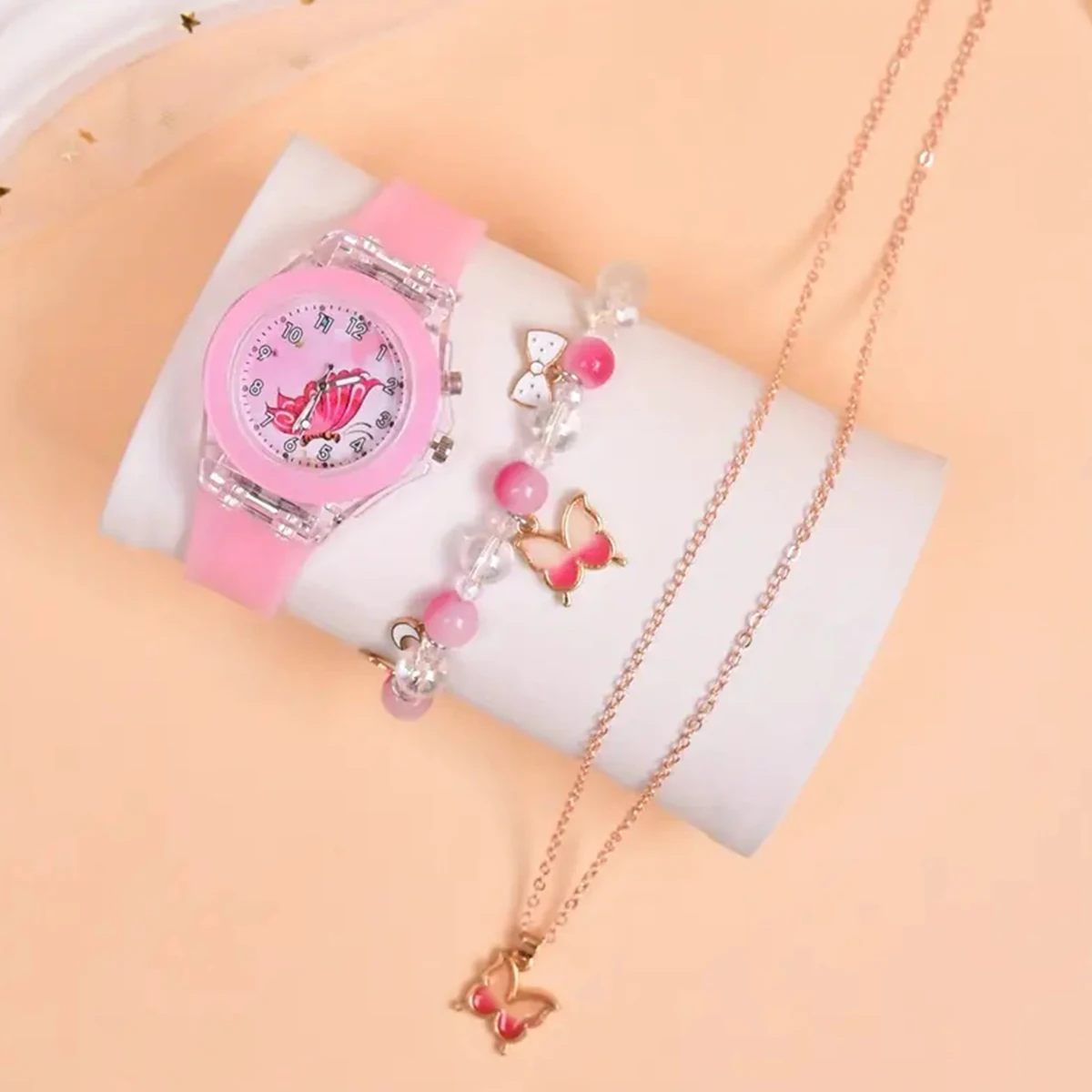 Children\'s Cute Luminous Butterfly Dial Quartz Watch Gradient Butterfly Beaded Set