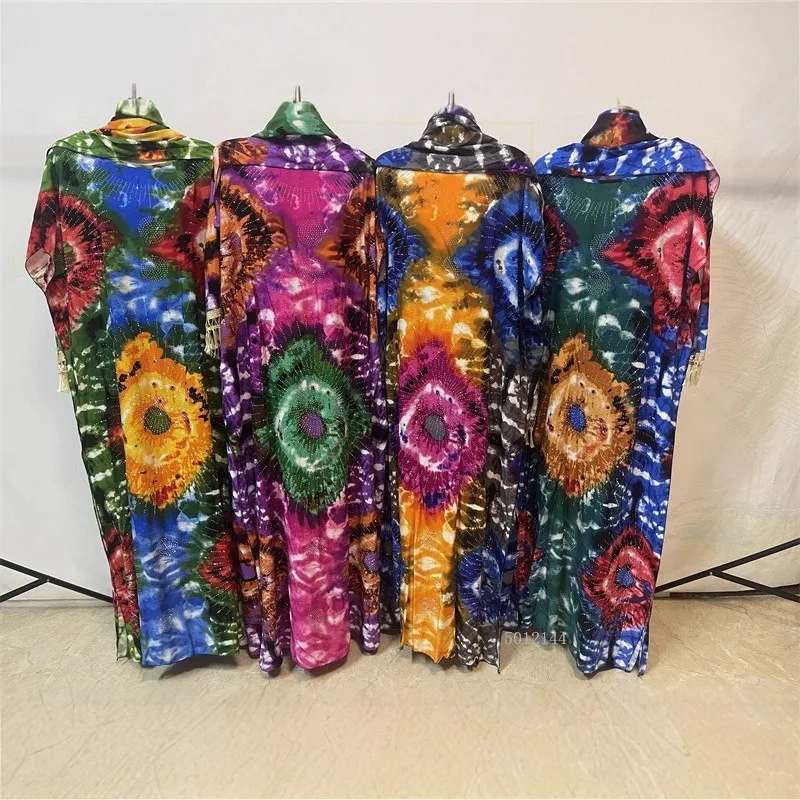 

Африканская женская одежда больших размеров, платье-кафтан из искусственного шелка, повседневный халат с открытыми плечами и бахромой со стразами, наряд с длинными рукавами