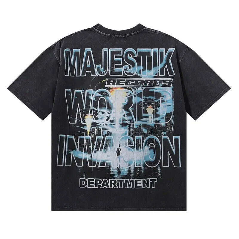 MAJESTIK Retro Technology Printed Washed Vintage Cross-border Trend Men's and Women's Loose Short-Sleeved T-Shirt