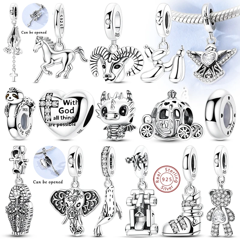 925 Sterling Silve Charms Bead Pendant  Angel Heart Pony Bear Balloon Dog Cross Charm Fit Original Bracelet Woman Jewelry Gift