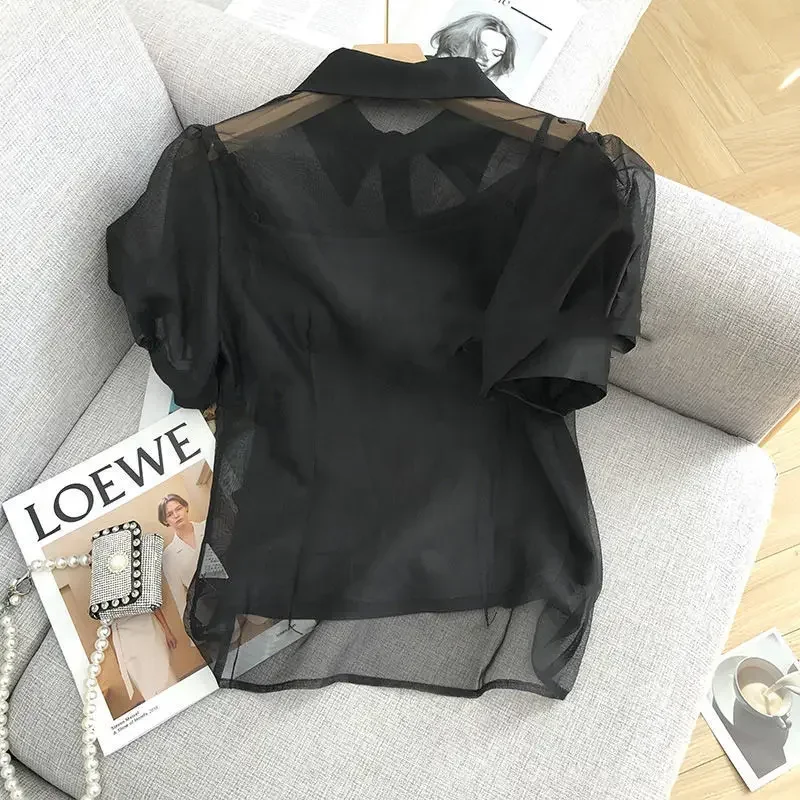 Pop Black Transparent Mesh Bubble Sleeve Short Sleeve Shirt Women Summer Hot Sale Of The Season New Style Loose Versatile Top Tr