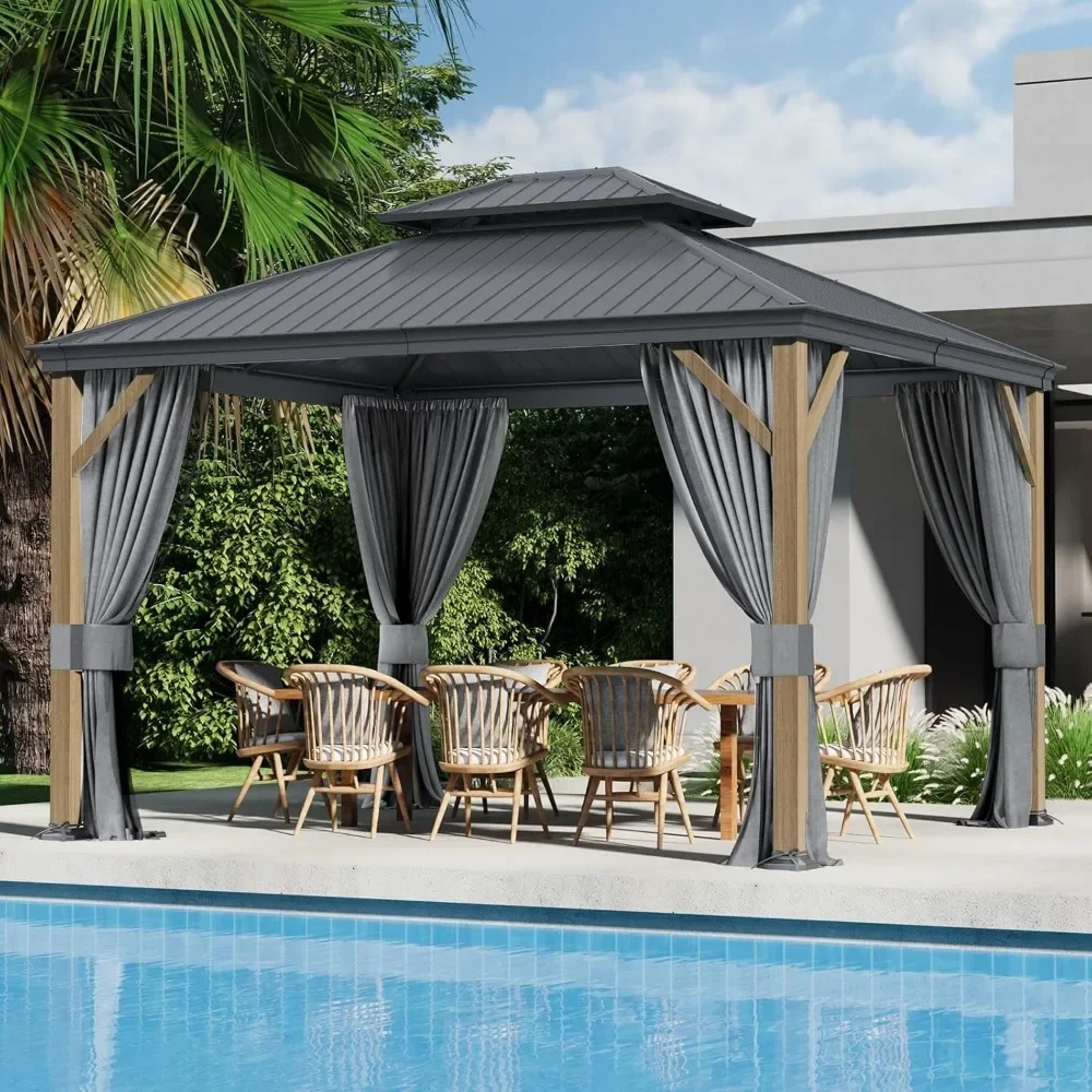 

10x12 Ft Hardtop Gazebo,Curtain and Netting Included, Pergola for Patio, Garden, Backyard, Outdoor Double Roof Canopy