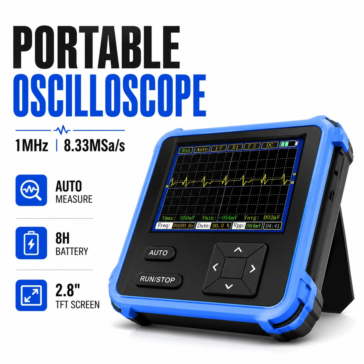 

Mini Pocket Oscilloscope,Digital Handheld Oscilloscope with 8.33 MSa/s, 1 Mhz, ±400V, Auto/Normal/Single, One-Button AUTO