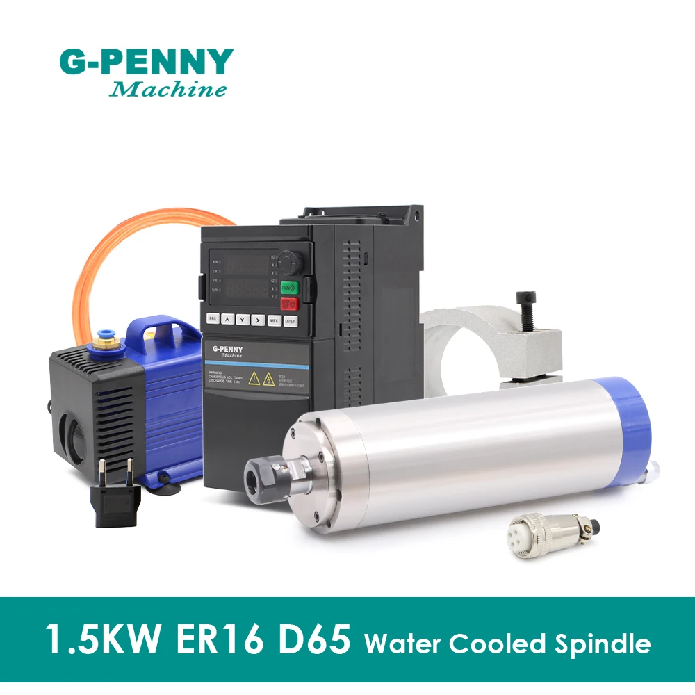 

G-PENNY 220v/380v 1.5kw ER16 D65 Water Cooled Spindle Motor Kit 4 pcs Bearings & Frequency Drive 75W Pump 65mm Bracket