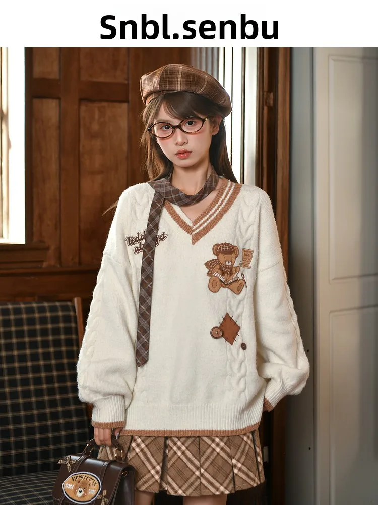 

Sweet Cute Bear Embroidery Knitted Sweater Women's Loose Long Sve V-Ne Spring Autumn New Sle Casual Comfortable Top