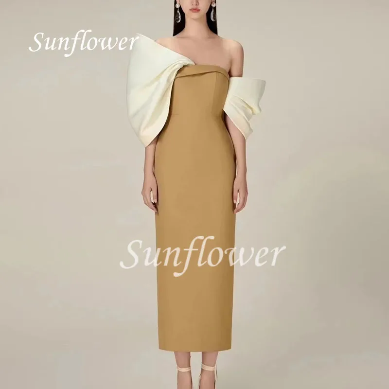 Sunflower Sexy Strapless Bow Tea-Length Satin Evening Dress 2023 Contrast Color Three Quarter Sleeve Mermaid High-end Customed