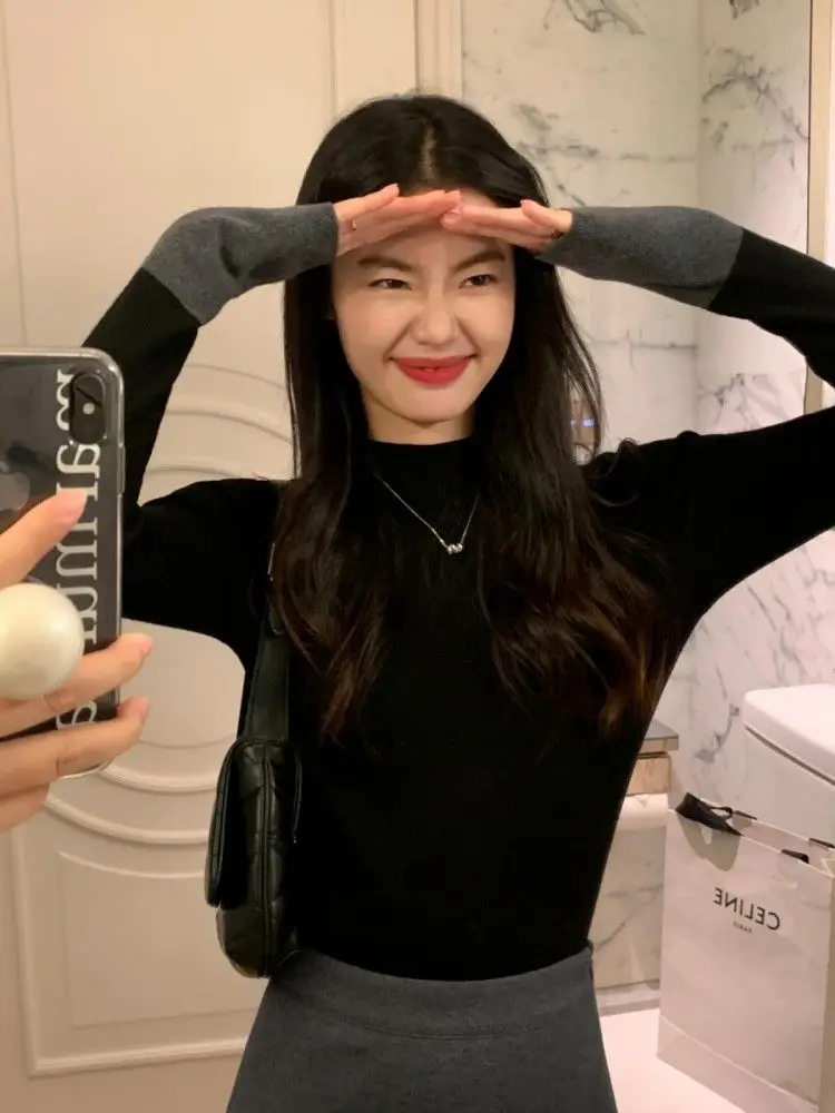 Autumn Winter Long Sleeve Half Turtle Neck T-Shirt Women's Contrast Color Design Slim Fit Versatile Temperament Bottoming Top