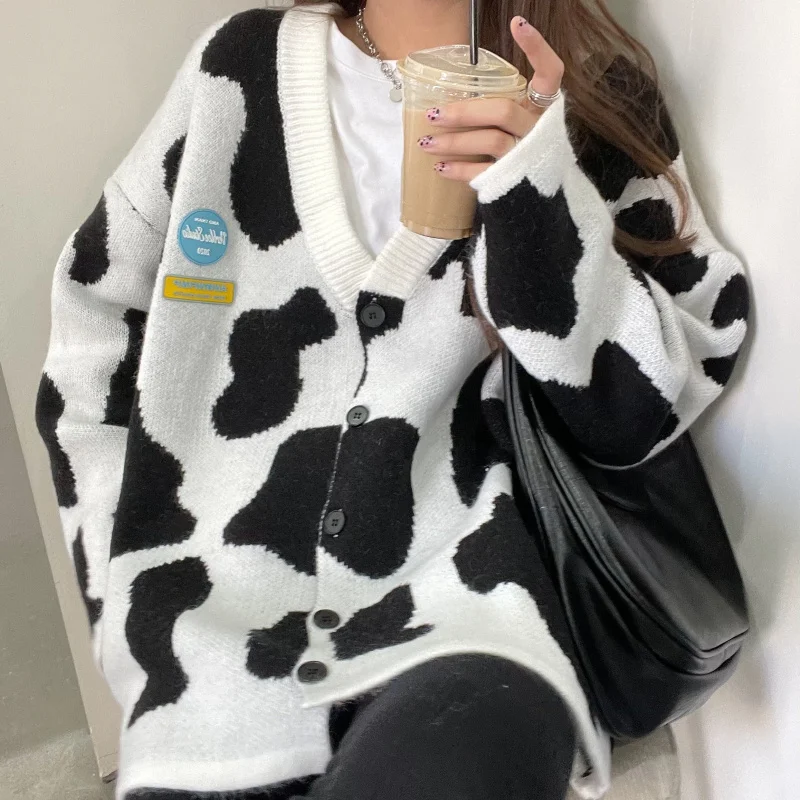 2024 Cow pattern Cardigan for Women Autumn Coat Y2k Dropshipping Tops Oversize Clothing Streetwear Buttons Knitting Long Sleeve