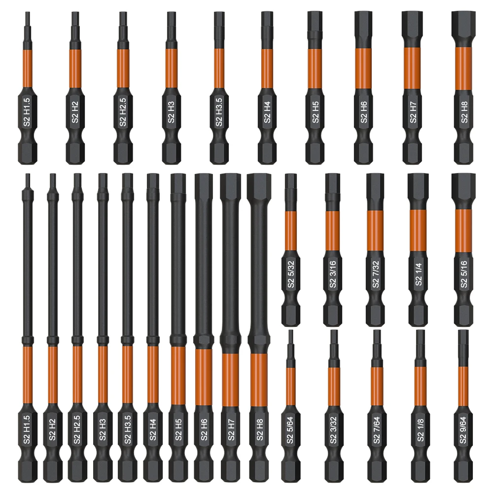 10pcs Impact Hex Head Allen Wrench Drill Bit Set ，50-100mm H1.5-H8 Hex-Shank S2 Steel Hex Screwdriver Bits Metric Magnetic