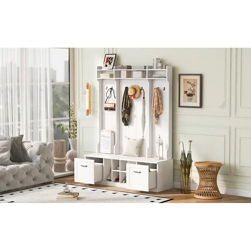 Скамейка в прихожей 5 в 1 с вешалкой для одежды, 7 прочных крючков, 2 просторных ящика и регулируемыми полками, широкое дерево для прихожей шириной 58,8 дюйма с металлом