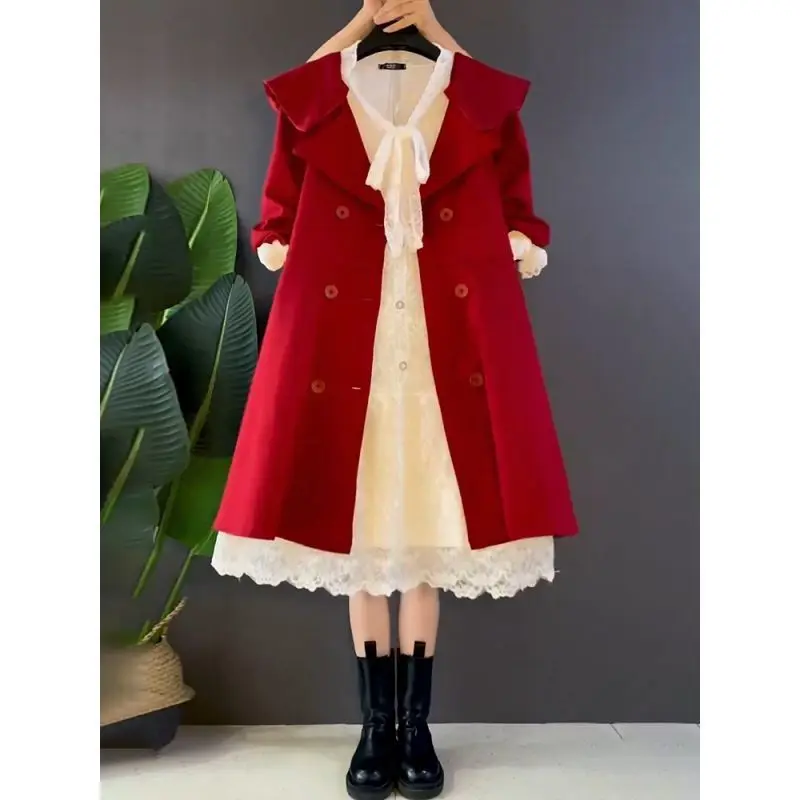 2023 Vintage French Style Hollowed Out Lace White Dress Loose Windbreaker Two Piece Casual Jacket Set Office Blazer