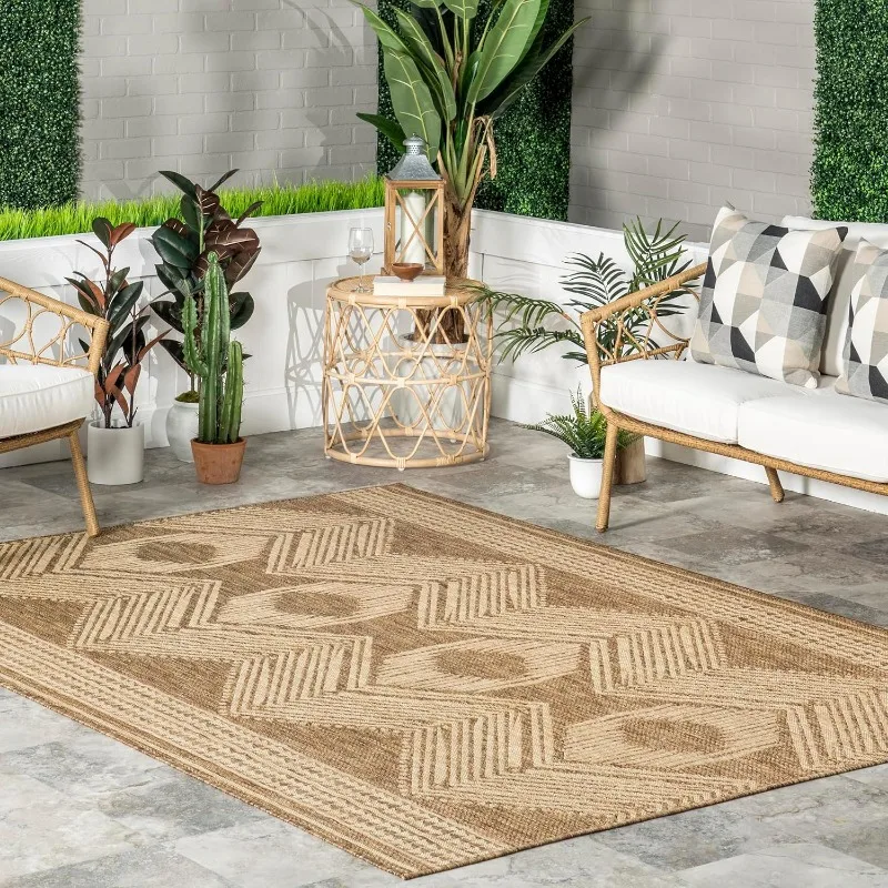 8' x 10' Outdoor Tribal Geometric Area Rug, Stain Resistant, Weather Resistant, High Traffic, Patio, Balcony