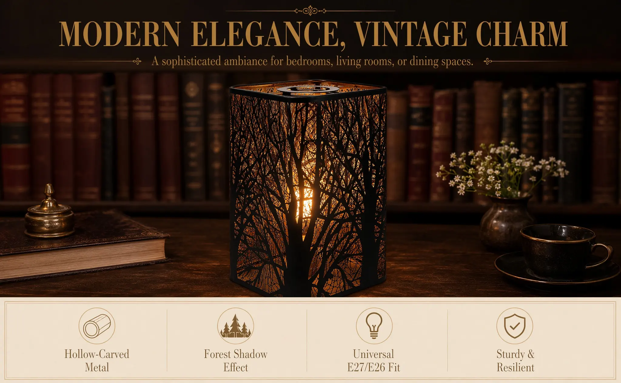 Metal Rectangular Hollow Out Forest Lamp Shade Black Tree Shadow Lampshade Bedroom Table Floor Lighting Cover Metal Lamp Shades