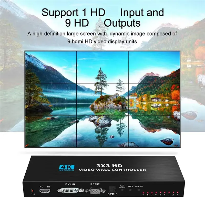 4K 3x3 DVI وحدة تحكم الفيديو الجدارية 1x3 1x4 2x3 2x4 Vs 1080P 2x2 HDMI-متوافق 2 3 4 TV معالج متعدد الشاشات جهاز ربط الفيديو