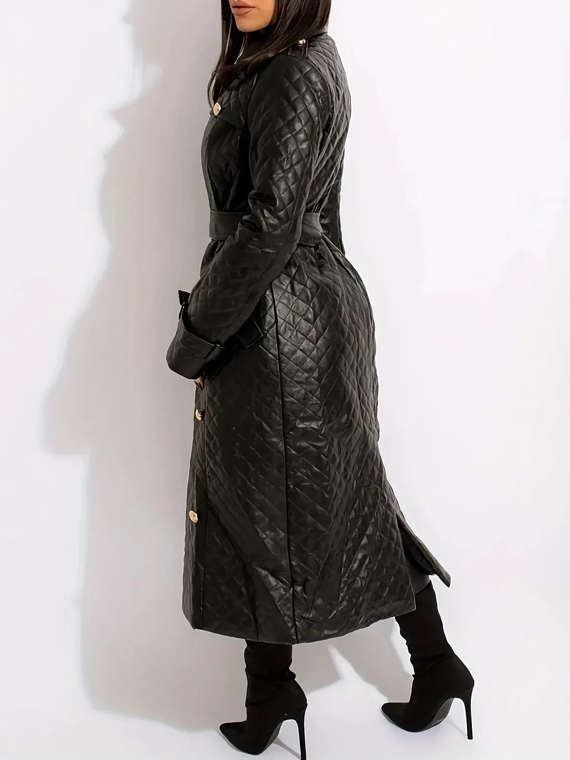 Nuovo Design di lusso invernale doppio petto in pelle PU nera cappotti lunghi per donna Plus Size Trench da donna di qualità con cintura