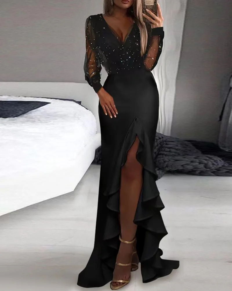Bla Sequin Me Long Dr Vrouwen Sexy Par Rok Bodycon Street Sle V-ne Midi Dr Polyester Zomerseizoen