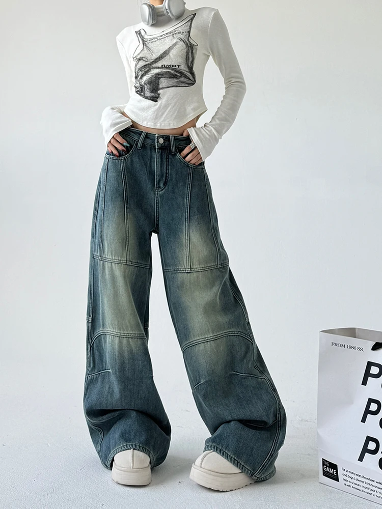

Retro American Waed Loose Straight Leg Jeans Women's Winter New Sle Fce Lined Thi Wide Leg Pants High Waist Long Cot...